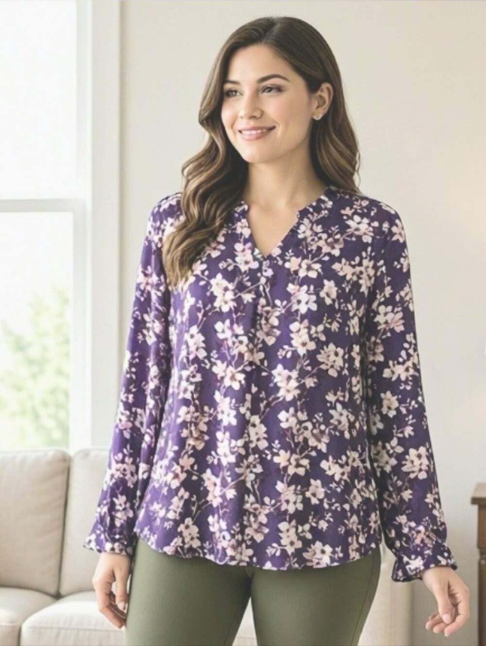 Violet+Claire Plum Floral Long Sleeve Blouse